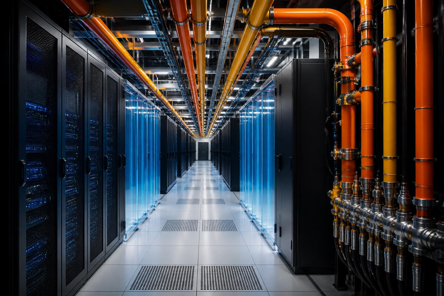 AI data hall with orange hydronic supply pipes and glowing blue cold-aisle curtains